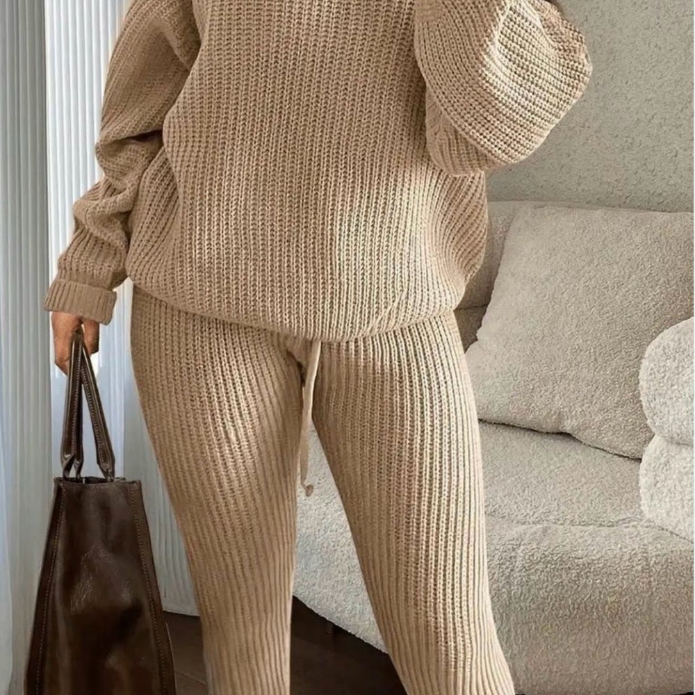 Cozy Knit Beige Women's Pants & Jumpsuit Set